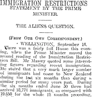 IMMIGRATION RESTRICTIONS (Otago Daily Times 15-9-1920)