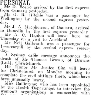 PERSONAL. (Otago Daily Times 15-9-1920)