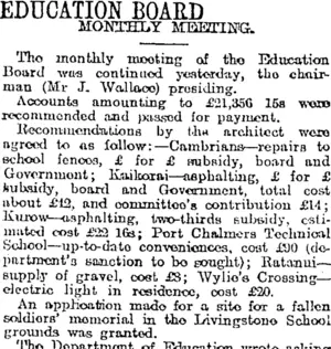 EDUCATION BOARD (Otago Daily Times 17-9-1920)
