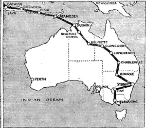 This map shows the route  which Alan Cobham will follow across Australia, and the stopping places at which supplies of Shell spirit are m readiness for his use. (Otautau Standard and Wallace County Chronicle, 03 August 1926)