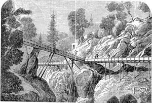 FLUMING THROUGH A «CA*fON» IN CALIFORNIA, SHOWING MAIN CANAL AND BRANCH DITCH. (Otago Witness, 22 October 1864)