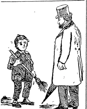Philanthropic Old Gent: " Bless me, child, wherever did you get that black eye 1 " Street Arab: "Mother gave it me; but (triumphantly) I got her three months for it, I can tell ye!" _____ (Otago Witness, 06 April 1893)