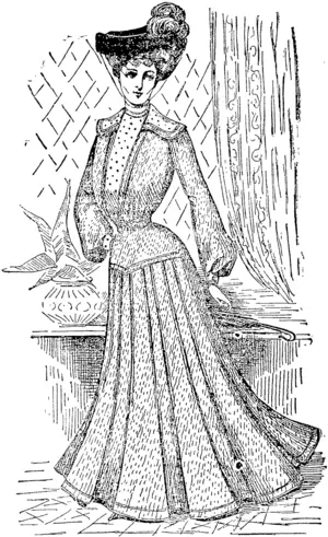 In this week"? illustration we show a smart and becoming costume, suitable for Donegal tweed or frdze, in navy blue, grey or brown shades. It is mad© with the new pleated sknt, and has a. beeo»nr g little coat bod.cc, with a smart shoulder cape. A vest of dotted white and black silk gi\e<j a dainty finish to an always useful gown. The yoke on hipa of skirt does away with a.l superfluous bulk; if preferred, the bo? pleata can be siitohed dewn a. most to the foot. The sknt pattern No. 3131, is cut in three sizes—small, medium, and large—and the blouse pattern, No. 31GS, is cut in five sizes—32, 34, 36, 38, aud 40 inches. Ihese designs are diawn from ' Model" paper patterns, which are issued from the office of "The New Idea," 167-9 Queen street, Melbourne, and can be obtained either direct from that office, or from agents. Price of each pattern, posted, 9d. (All seams are allowed for.) (Otago Witness, 10 June 1903)
