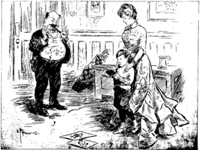 Proud Father (to son who is showing a decided leaning to the artistic): "Now, Willie, my  boy, I want to see if you can, draw me just as I stand." Willie: "Oh, Daddy! I love you TOO much!"  (By a New Zealand artist in Punch.). (Otago Witness, 17 June 1903)
