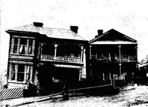 THE RECENT RAIN STORM IN WELLINGTON: TWO HOUSES IN McDONALD ORESCENT FROM WHICH THE FOUNDATIONS HAVE BEEN CARRIED AWAY.  (Muir and Stewart, photo.) (Otago Witness, 02 September 1903)