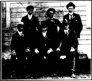 BACK ROW-^O. S. Stewart, W. Harlow, D. M. Adams. FRONT ROW—J. Brass, J. G. Neil, T. Davidson. (Otago Witness, 02 September 1903)