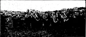THE PORT CHALMERS BAND FINISHING THE QUICKSTEP IN FRONT OF  THE JUDGE'S TENT. (Otago Witness, 04 November 1903)