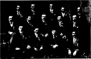 COMMITTEE OF MANAGEMENT OF BENEFIT CONCERT TO MR G. E. FORSTER. The receipts for the concert on September 25 amounted to £210, and the expenses to JBI7 10s. Back Row: Messrs W. Miller, T. M. Black, W. T. Easton. H. M* Arthur, G. H. Clarkson. Second R.cro: Messrs J. H. Johnstone, A. Smith (treasurer), T. J. Anthony (stage manager),  W. F. Lyon (secretary), A. J. L. Scott (chairman). Fbont Row Messrs A. W. Paoey, A. Hiihker G. E. M'Queen, J. W. Wootton.  Absent: C. Stubley, G. F. Jackson. —H. J. Gill, photo. (Otago Witness, 11 November 1903)