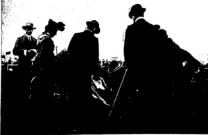 FIRST AID TO THE INJURED: SNAPSHOT AT THE CANTERBURY SHOW.  A trooper is her* ie«n receiving first aid at the recent Canterbury Metropolitan Show, oil  arm having been teverely injured while leading a fractious hox&o. —Hioko, photo. (Otago Witness, 25 November 1903)