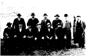 SOUTHLAND CHAMPION PLOUGHING MATCH COMMITTEE.  Standing (from left): Messrs Brown, M'Dermid, Stevenson, Buckingham, "White (Press), and Scott (Press) Sitting: Messrs RonaJd, Gray, Young (President), Mitchell (Sec ). Blaikie, and Drain. (Otago Witness, 21 August 1907)