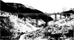 WIXGATUI VIADUCT, THE LARGEST BRIDGE OX THE ROUTE OF THE O'IAGO CENTRAL RAILWAY.  Following are a few particulars of the dimensions and quantities of material used in this well-known bridge, which wa9 the largest structure of its kind in the colony until echp?ed by the Xorth Island Main Trunk bridge at Makohine (height, 240 ft from base):—Length, 690 ft lOin over abutments; width, 12ft Bin; length of main spans, 106 ft 3in , length of end spans, 66ft lin; height from creek bed to top of parapet, 153 ft; masonry and concrete used, 6240 tons; cast iron, 27 tons; malleable :ron, 557 tons; timber, 114 tons. The builders were Messrs R. S. Sparrow and Co., under the active supervision of Mr E. Roberts, engineer for the contractor. (Otago Witness, 20 February 1907)