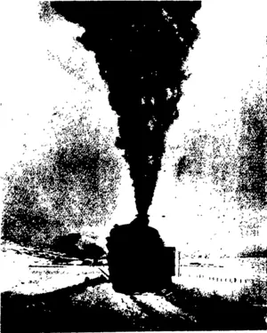 A LOT OF SMOKE, BUT NO SPEED. Tbis picture shows engine 332 behind the snow plough, skidding on the icy rails. In the distance another engine i» preparing to clear the line. (Otago Witness, 29 July 1908)