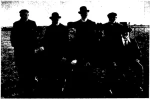 WYNDHAM-EDENDALE PLOUGHING ASSOCIATION: OLD IDENTITIES ON  THE 37th ANNIVERSARY.  Standing: Messrs James Walker, John M'Kay, James Cushnie, Andrew M'Kinnon. Sitting: James Maben, James Milne (first president), Alex. Beange, Henry Munro.  (Photos by M'Eachen.) (Otago Witness, 12 August 1908)