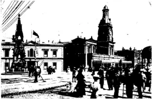 A BUSY CENTRE: CUSTOM HOUSE SQUARE, FROM THE GOVERNMENT INSURANCE  CORNER, RATTRAY STREET. (Otago Witness, 02 September 1908)