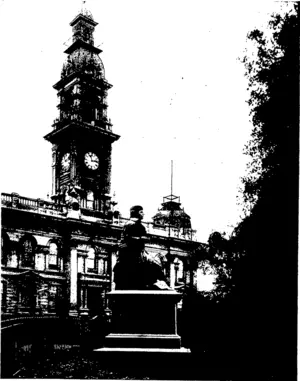THE TOWN HALL BUILDINGS, DUNEDIN, SHOWING ,THE BOBEBT BURNS STATUE IN FOREGROUND. (Otago Witness, 02 September 1908)