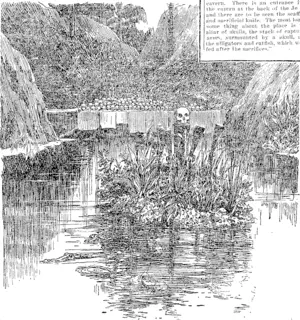 HE UNVEILED FETISH MYSTERY: THE LONG J-U-Ttl AT AKO-CHUEU. (Sketched by an Officer of the Aro Field Force.) (Auckland Star, 29 March 1902)