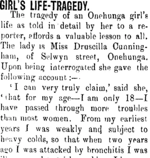 GIRL'S LIFE-TRAGEDY. (Clutha Leader 25-10-1901)