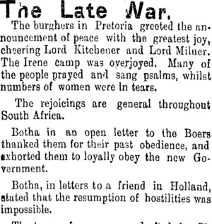 The Late War. (Clutha Leader 10-6-1902)