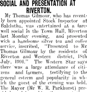 SOCIAL AND PRESENTATION AT RIVERTON. (Clutha Leader 26-7-1904)