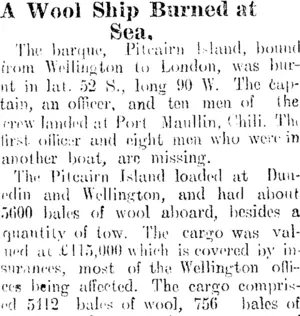 A Wool Ship Burned at Sea. (Clutha Leader 22-5-1906)