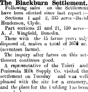 The Blackburn Settlement. (Clutha Leader 25-5-1906)