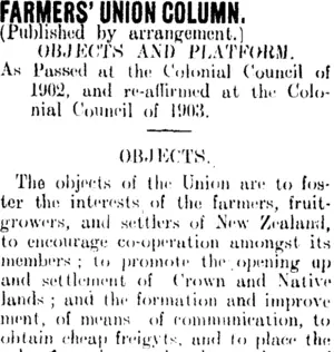 FARMERS' UNION COLUMN. (Clutha Leader 24-8-1906)