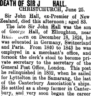 DEATH OF SIR JOHN HALL. (Clutha Leader 28-6-1907)