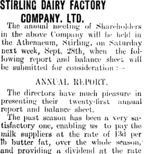 STIRLING DAIRY FACTORY COMPANY. LTD. (Clutha Leader 20-9-1907)