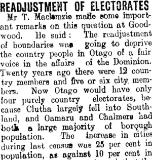 READJUSTMENT OF ELECTORATES (Clutha Leader 19-5-1908)