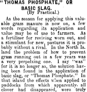 "THOMAS PHOSPHATE," OR BASIC SLAG. (Clutha Leader 19-6-1908)