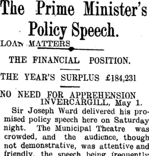 The Prime Minister's Policy Speech. (Clutha Leader 4-5-1909)