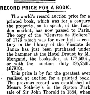 RECORD PRICE FOR A BOOK. (Clutha Leader 27-8-1909)