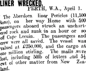 LINER WRECKED. (Clutha Leader 5-4-1910)