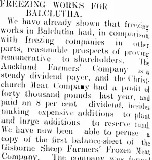 FREEZING WORKS FOR BALCLUTHA. (Clutha Leader 13-5-1910)