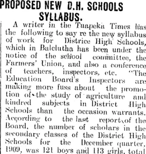 PROPOSED NEW D.H. SCHOOLS SYLLABUS. (Clutha Leader 19-7-1910)