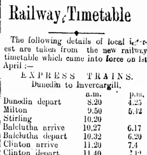 Railway Timetable (Clutha Leader 21-1-1910)