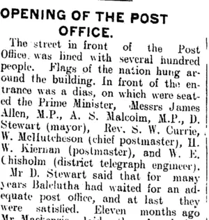 OPENING OF THE POST OFFICE. (Clutha Leader 7-5-1912)
