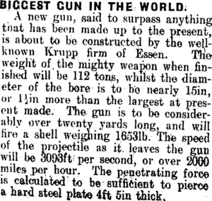 BIGGEST GUN IN THE WORLD. (Clutha Leader 6-8-1912)