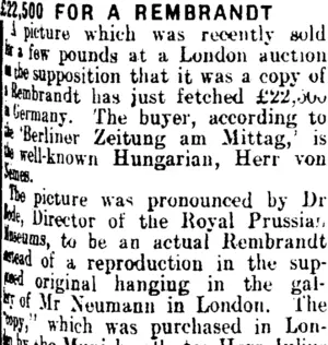 $22,500 FOR A REMBRANDT. (Clutha Leader 23-8-1912)