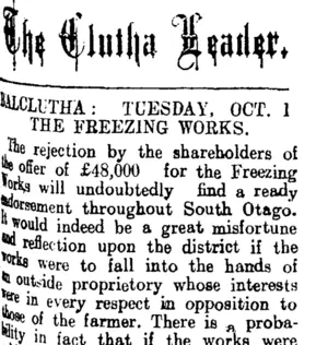 The Clutha Leader. BALCLUTHA: TUESDAY, OCT. 1. (Clutha Leader 1-10-1912)