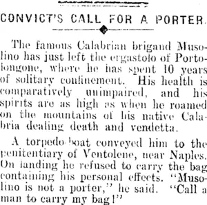 CONVICT'S CALL FOR A PORTER. (Clutha Leader 29-10-1912)