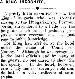 A KING INCOGNITO. (Clutha Leader 29-10-1912)