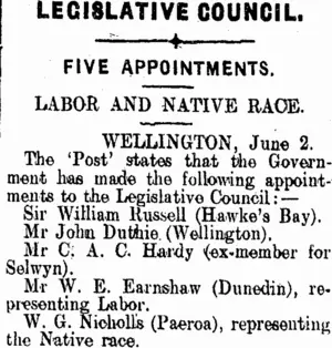 LEGISLATIVE COUNCIL. (Clutha Leader 1-7-1913)