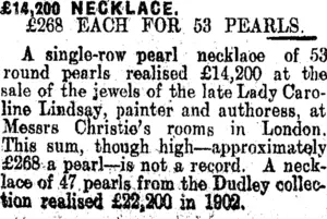 £14,200 NECKLACE. (Clutha Leader 4-2-1913)