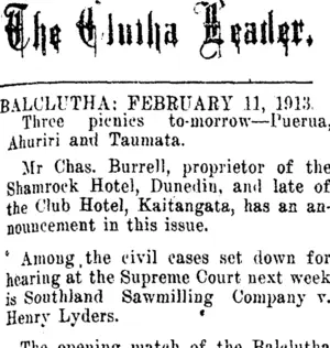 The Clutha Leader. BALCLUTHA: FEBRUARY 11, 1913. (Clutha Leader 11-2-1913)