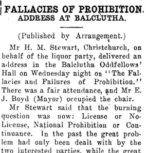 FALLACIES OF PROHIBITION. (Clutha Leader 13-11-1914)