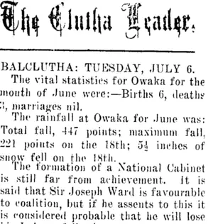 The Clutha Leader. BALCLUTHA: TUESDAY, JULY 6. (Clutha Leader 6-7-1915)