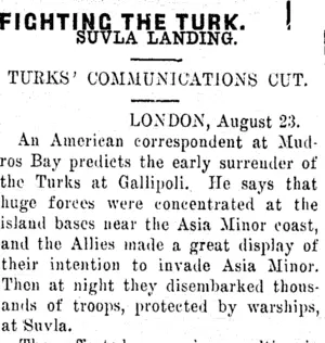 FIGHTING THE TURK. (Clutha Leader 27-8-1915)