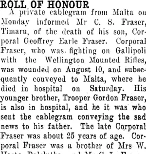 ROLL OF HONOUR. (Clutha Leader 24-9-1915)