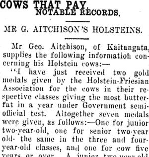 COWS THAT PAY. (Clutha Leader 9-2-1915)